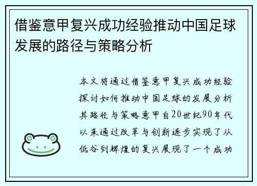 借鉴意甲复兴成功经验推动中国足球发展的路径与策略分析